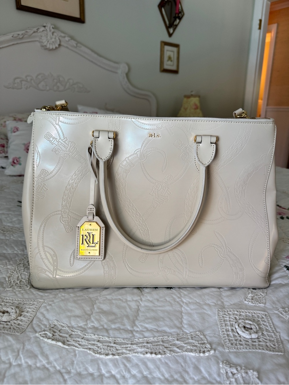 Ralph Lauren “Taylor, Belti Double-Zip Embossed Leather Satchel” in Ivory - Picture 3 of 17